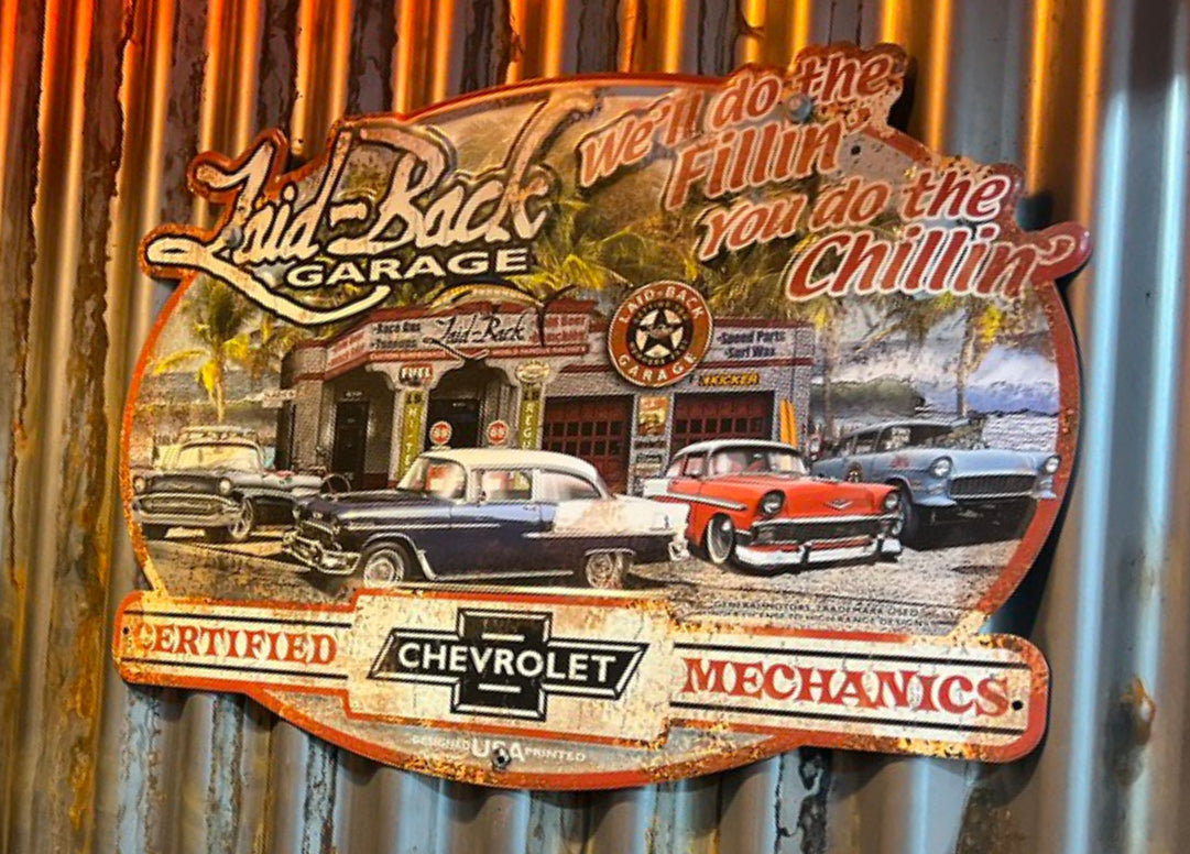 Dream Garage Tri Fives Embossed Metal Sign - Laid-Back