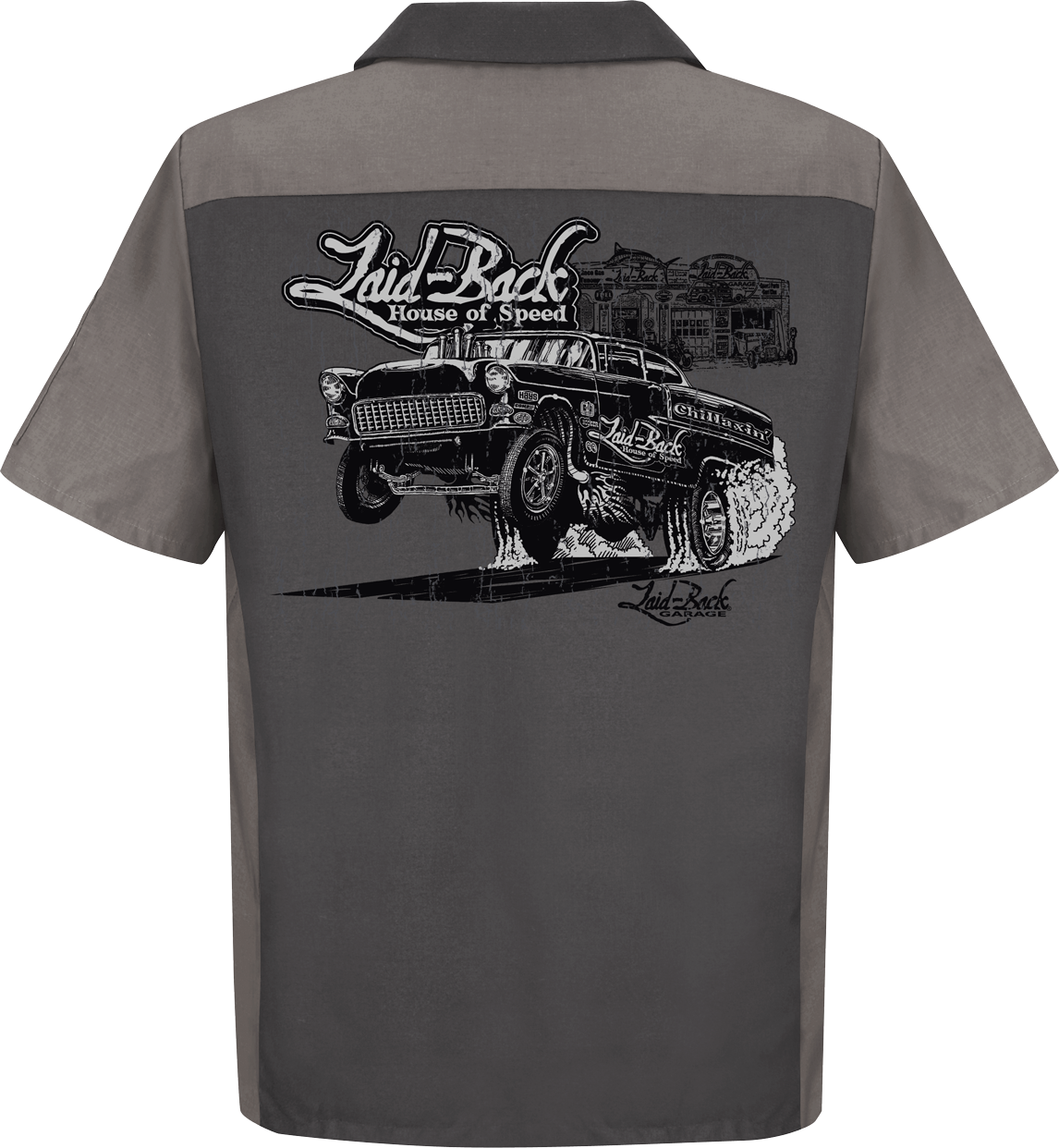 55 Gasser Mechanic Shirt | Cool Tri Five Chevy Apparel by Laid-Back