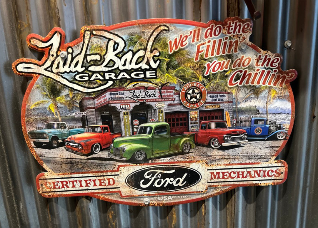 Dream Garage Ford Trucks Embossed Metal Sign - Laid-Back